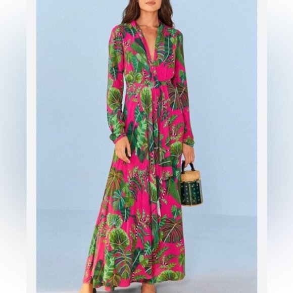 🌺 Farm Rio Leaves Pink Maxi Dress – Size XL – Deep V-Neck – 100% Viscose 🌺 - Picture 2 of 16